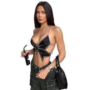 Jumisee Butterfly Top Womens Size M Black Beaded Rhinestone Cross Open Back NWT